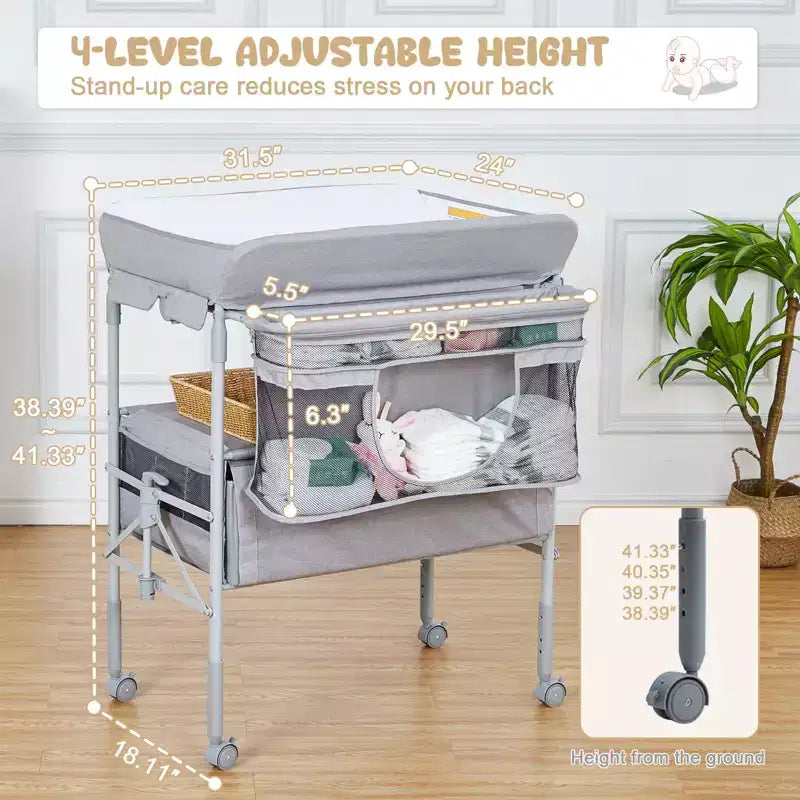 Table à langer portable et réglable avec roulettes, 2 tiroirs et plateau imperméable, Station à langer pliable, Organisateur de chambre mobile pour nouveau-nés
