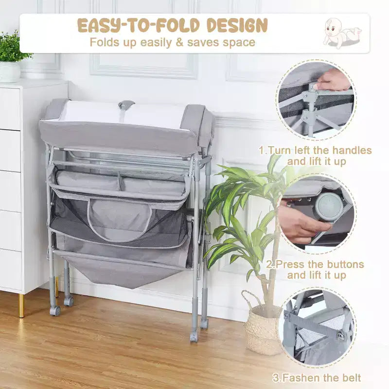 Table à langer portable et réglable avec roulettes, 2 tiroirs et plateau imperméable, Station à langer pliable, Organisateur de chambre mobile pour nouveau-nés