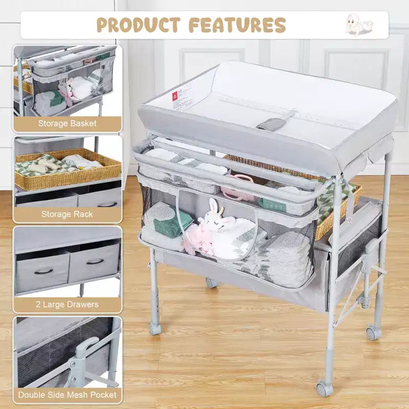 Table à langer portable et réglable avec roulettes, 2 tiroirs et plateau imperméable, Station à langer pliable, Organisateur de chambre mobile pour nouveau-nés