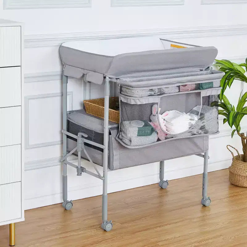 Table à langer portable et réglable avec roulettes, 2 tiroirs et plateau imperméable, Station à langer pliable, Organisateur de chambre mobile pour nouveau-nés