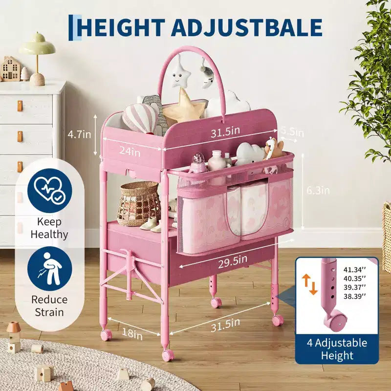 Table à langer portable et réglable avec roulettes, 2 tiroirs et plateau imperméable, Station à langer pliable, Organisateur de chambre mobile pour nouveau-nés