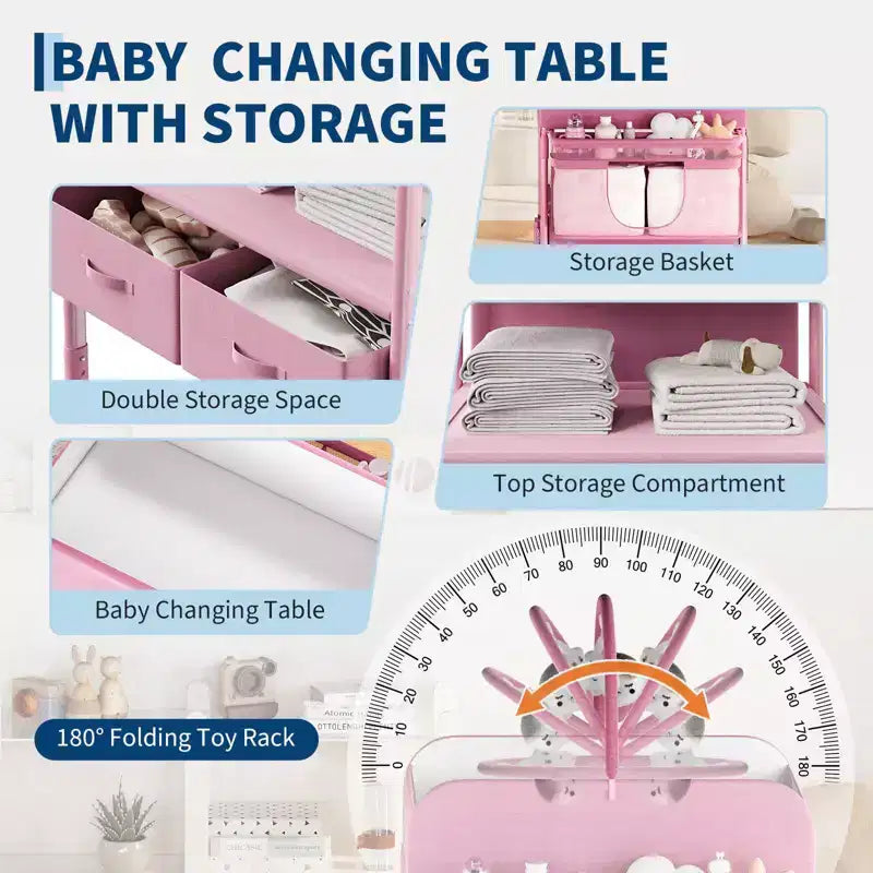 Table à langer portable et réglable avec roulettes, 2 tiroirs et plateau imperméable, Station à langer pliable, Organisateur de chambre mobile pour nouveau-nés