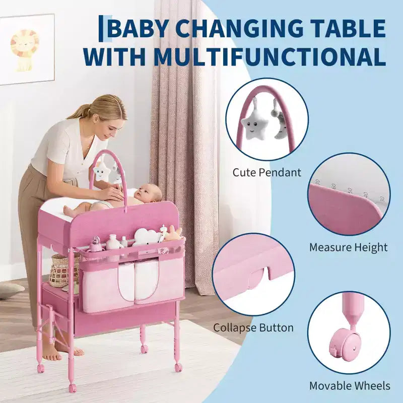 Table à langer portable et réglable avec roulettes, 2 tiroirs et plateau imperméable, Station à langer pliable, Organisateur de chambre mobile pour nouveau-nés