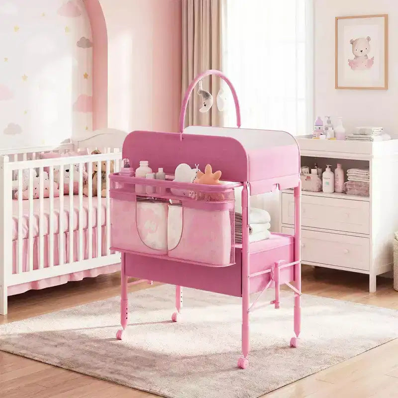 Table à langer portable et réglable avec roulettes, 2 tiroirs et plateau imperméable, Station à langer pliable, Organisateur de chambre mobile pour nouveau-nés