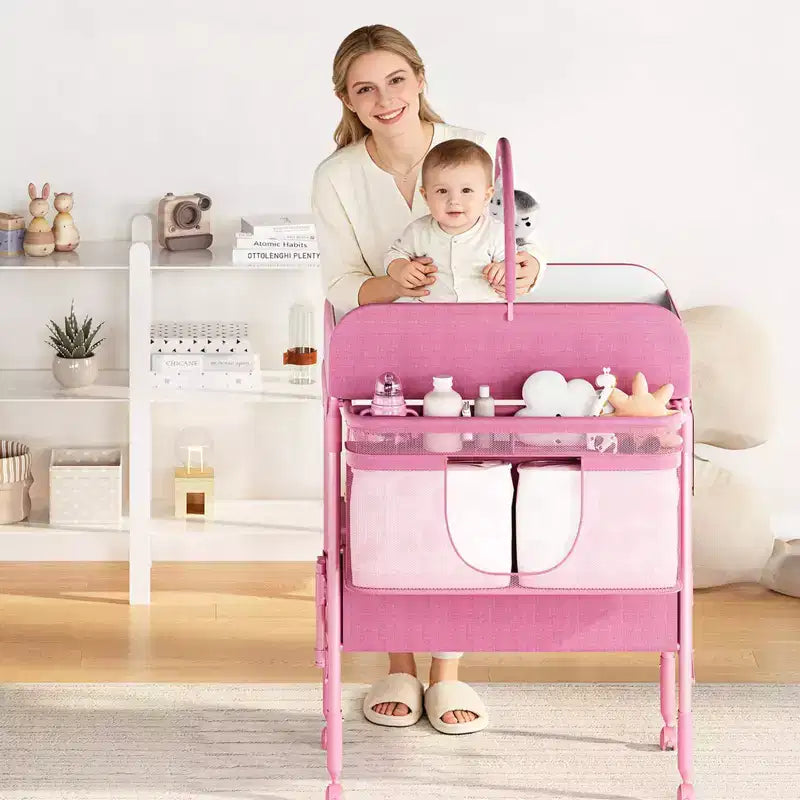 Table à langer portable et réglable avec roulettes, 2 tiroirs et plateau imperméable, Station à langer pliable, Organisateur de chambre mobile pour nouveau-nés