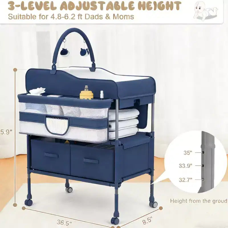 Table à langer portable et réglable avec roulettes, 2 tiroirs et plateau imperméable, Station à langer pliable, Organisateur de chambre mobile pour nouveau-nés