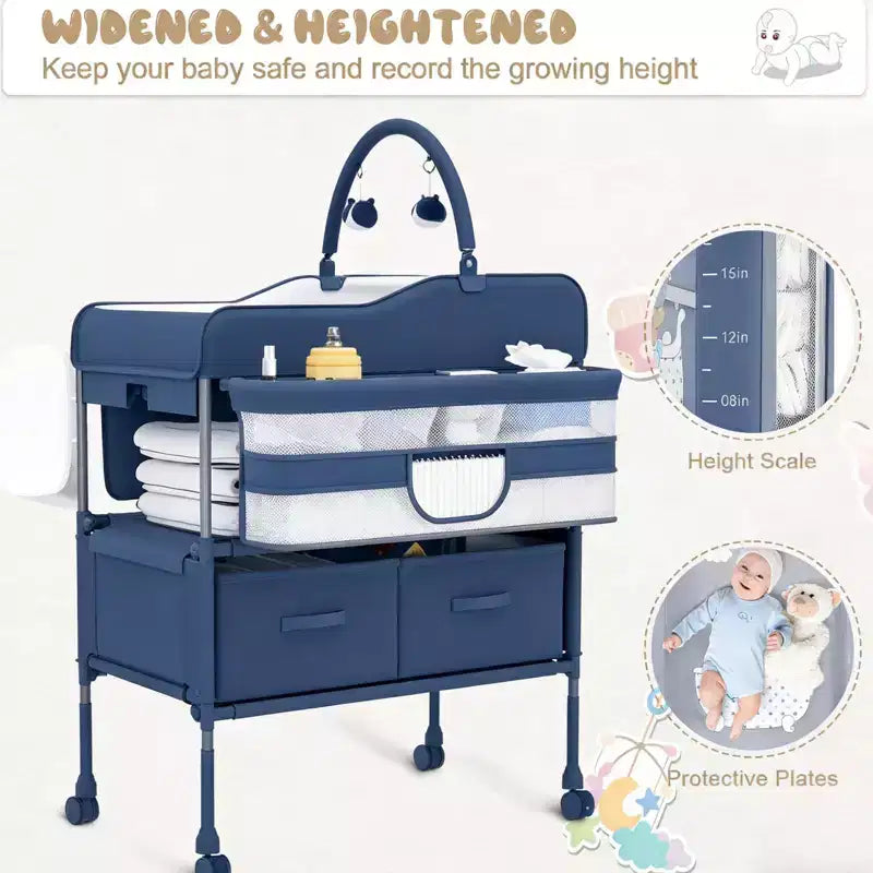 Table à langer portable et réglable avec roulettes, 2 tiroirs et plateau imperméable, Station à langer pliable, Organisateur de chambre mobile pour nouveau-nés