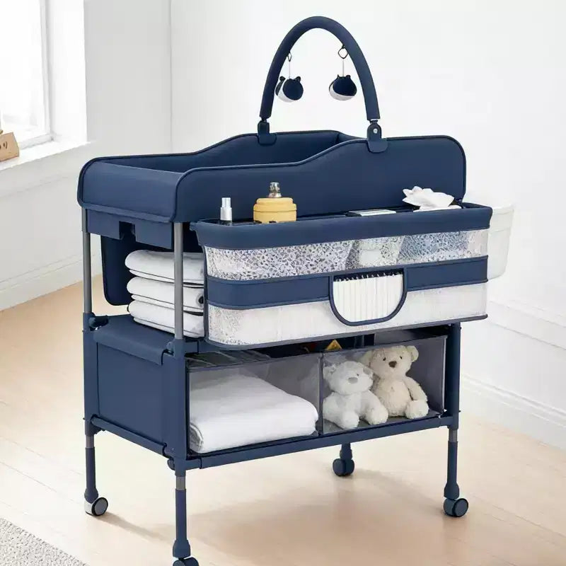 Table à langer portable et réglable avec roulettes, 2 tiroirs et plateau imperméable, Station à langer pliable, Organisateur de chambre mobile pour nouveau-nés