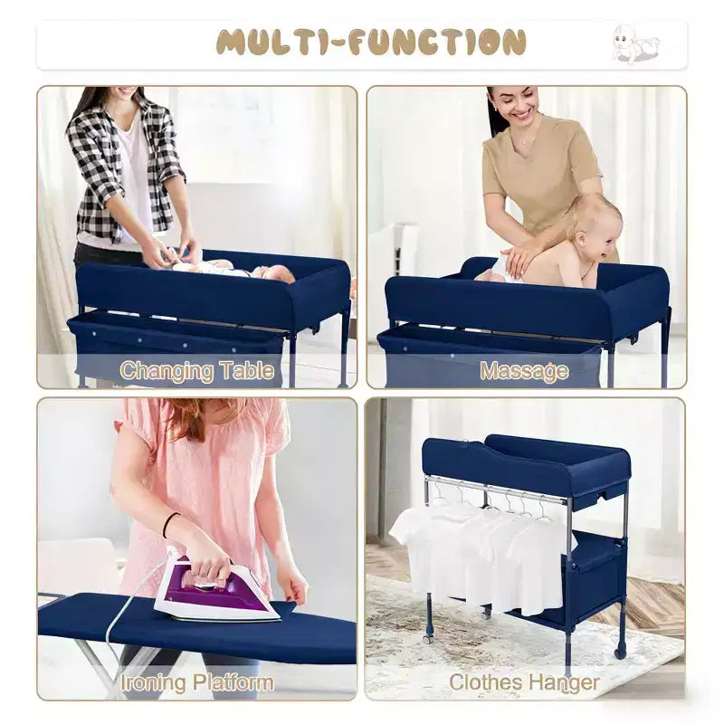 Table à langer portable et réglable avec roulettes, 2 tiroirs et plateau imperméable, Station à langer pliable, Organisateur de chambre mobile pour nouveau-nés