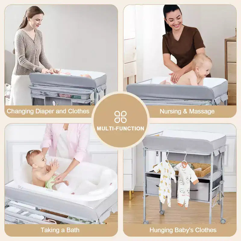 Table à langer portable et réglable avec roulettes, 2 tiroirs et plateau imperméable, Station à langer pliable, Organisateur de chambre mobile pour nouveau-nés