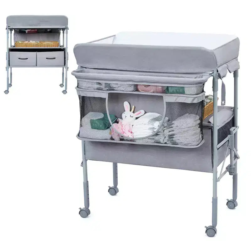 Table à langer portable et réglable avec roulettes, 2 tiroirs et plateau imperméable, Station à langer pliable, Organisateur de chambre mobile pour nouveau-nés