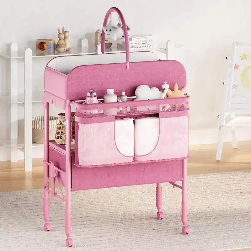 Table à langer portable et réglable avec roulettes, 2 tiroirs et plateau imperméable, Station à langer pliable, Organisateur de chambre mobile pour nouveau-nés