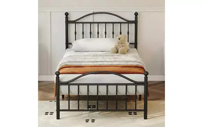 Lit plateforme en métal, tête de lit victorienne en fer forgé, rangement sous le lit, silencieux, pas besoin de sommier, noir