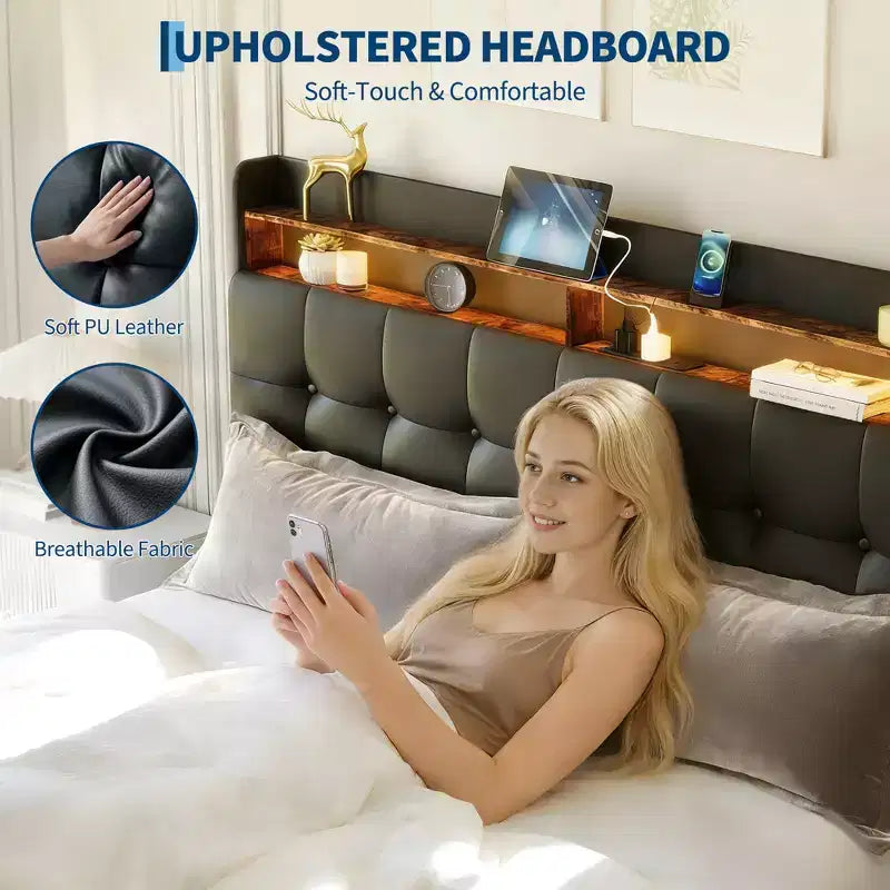 Cadre de lit rembourré complet avec tête de lit et 2 tiroirs de rangement