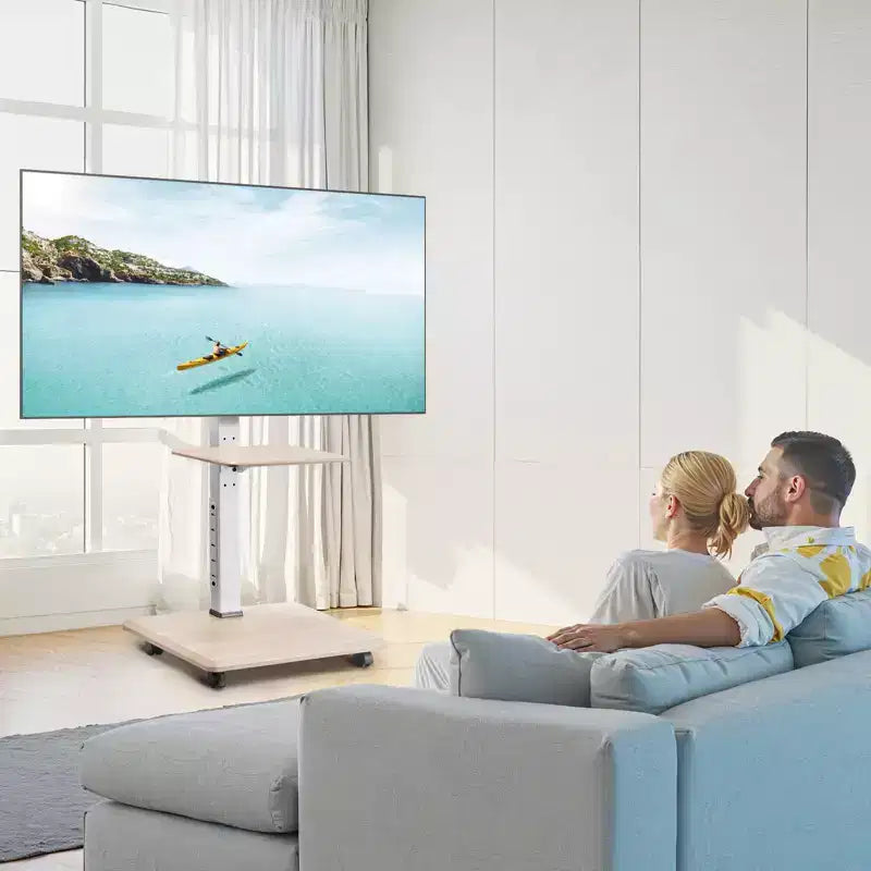 Chariot TV mobile roulant pour téléviseurs de 32 à 70 pouces avec support pivotant réglable en hauteur et tablette multimédia