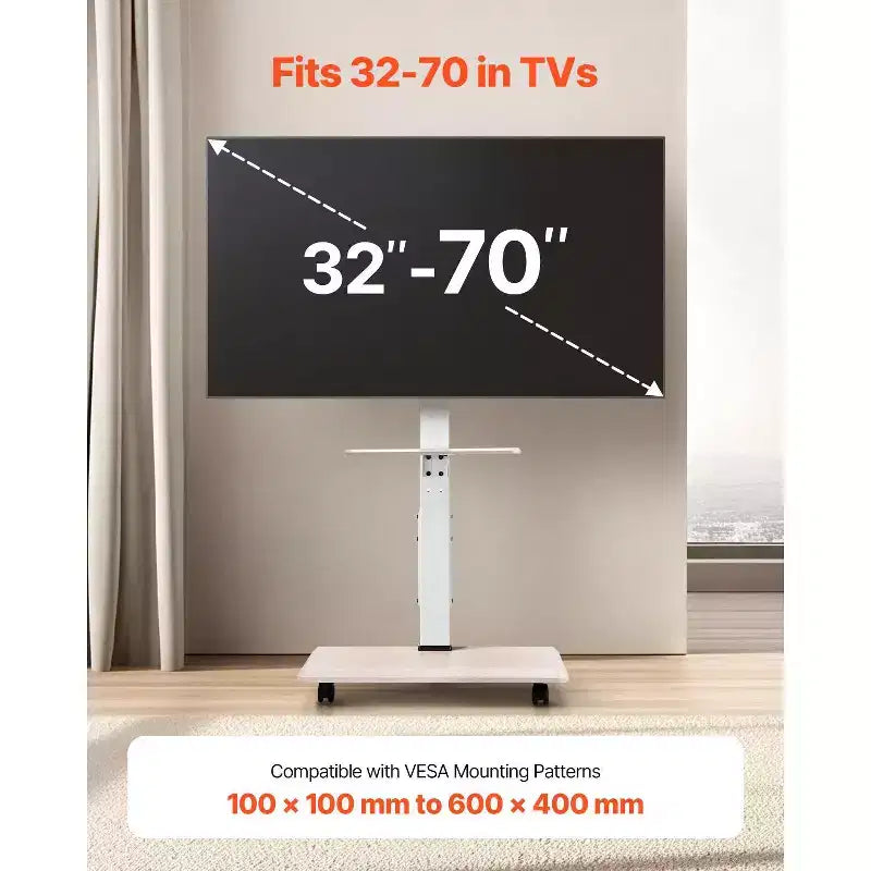 Chariot TV mobile roulant pour téléviseurs de 32 à 70 pouces avec support pivotant réglable en hauteur et tablette multimédia