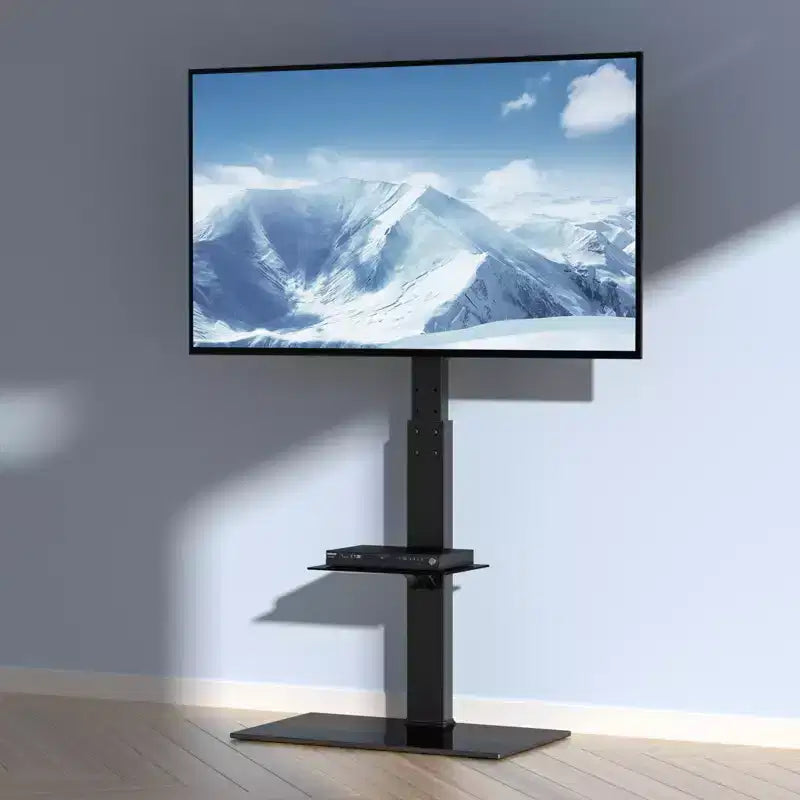 Support TV de sol pivotant réglable en hauteur pour téléviseurs de 32 à 85 pouces avec base en verre trempé - Noir
