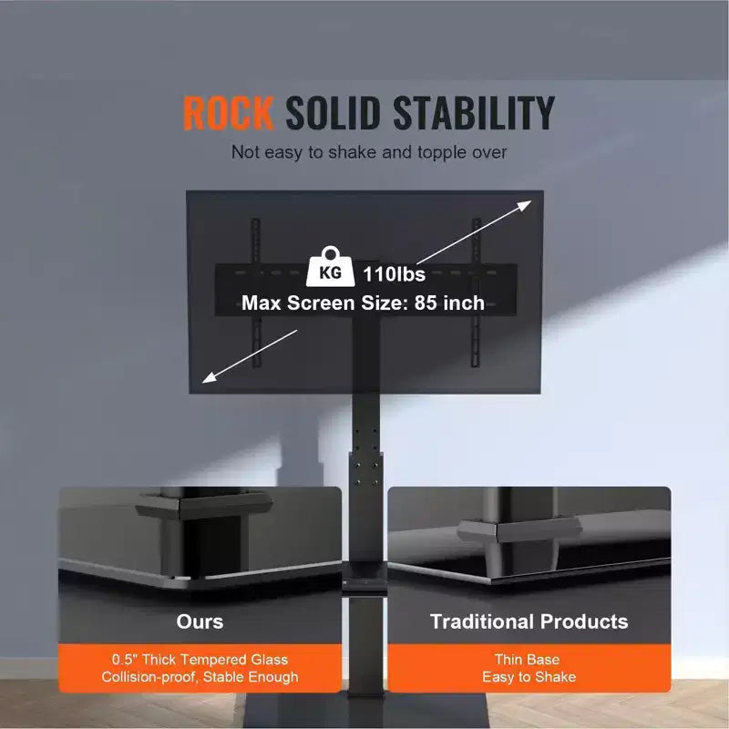 Support TV de sol pivotant réglable en hauteur pour téléviseurs de 32 à 85 pouces avec base en verre trempé - Noir