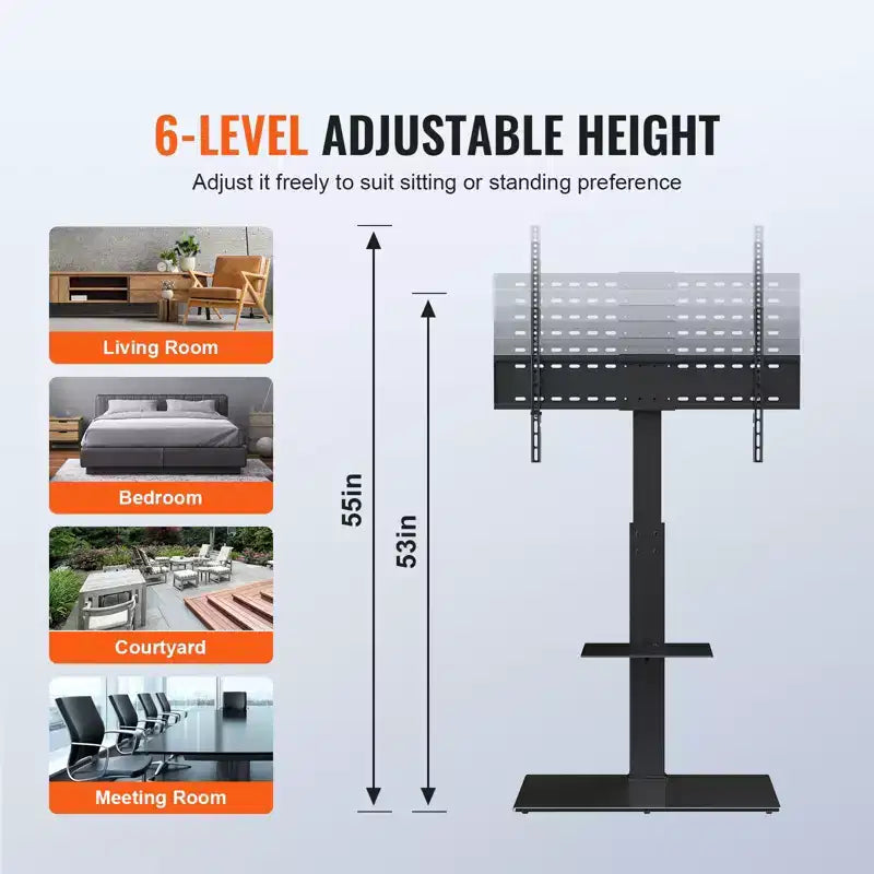 Support TV de sol pivotant réglable en hauteur pour téléviseurs de 32 à 85 pouces avec base en verre trempé - Noir