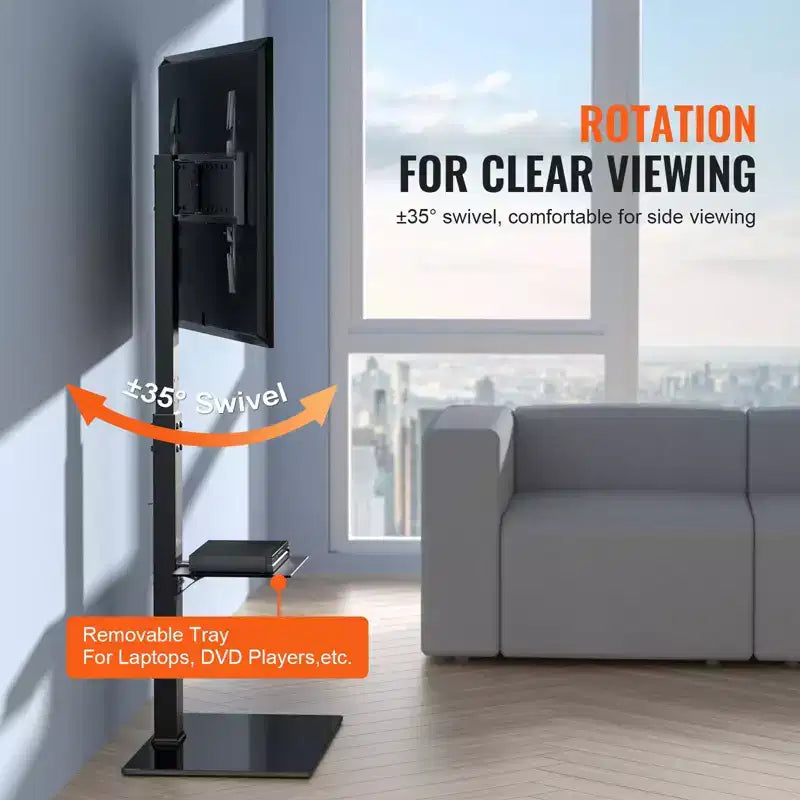 Support TV de sol pivotant réglable en hauteur pour téléviseurs de 32 à 85 pouces avec base en verre trempé - Noir