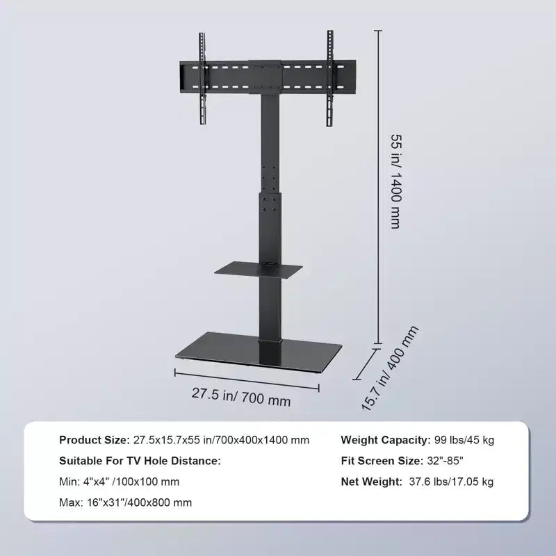 Support TV de sol pivotant réglable en hauteur pour téléviseurs de 32 à 85 pouces avec base en verre trempé - Noir
