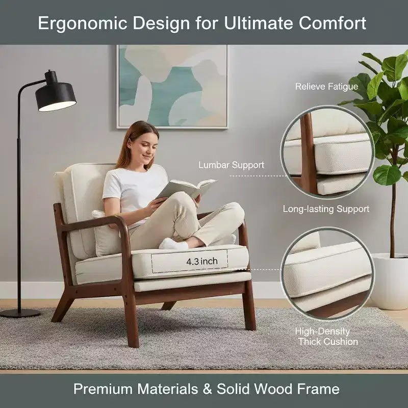 Fauteuil Lounge Mid-Century Moderne avec Accoudoirs, Crème, Structure en Bois Massif et Coussin Lombaire