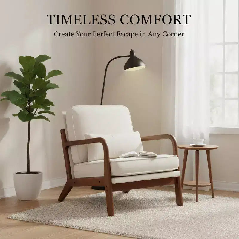Fauteuil Lounge Mid-Century Moderne avec Accoudoirs, Crème, Structure en Bois Massif et Coussin Lombaire