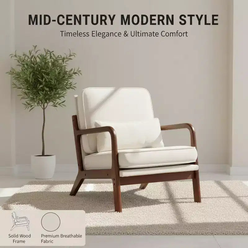 Fauteuil Lounge Mid-Century Moderne avec Accoudoirs, Crème, Structure en Bois Massif et Coussin Lombaire