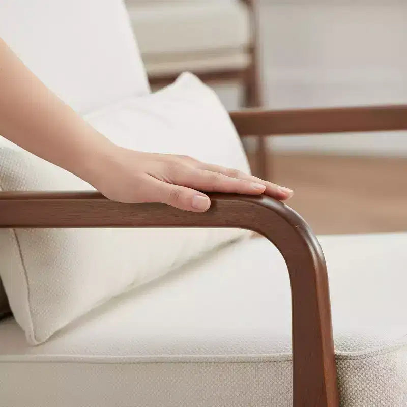 Fauteuil Lounge Mid-Century Moderne avec Accoudoirs, Crème, Structure en Bois Massif et Coussin Lombaire