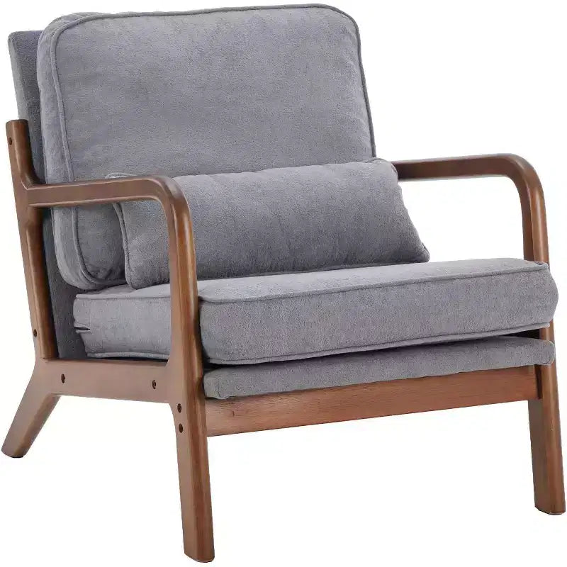 Fauteuil Lounge Mid-Century Moderne avec Accoudoirs, Crème, Structure en Bois Massif et Coussin Lombaire