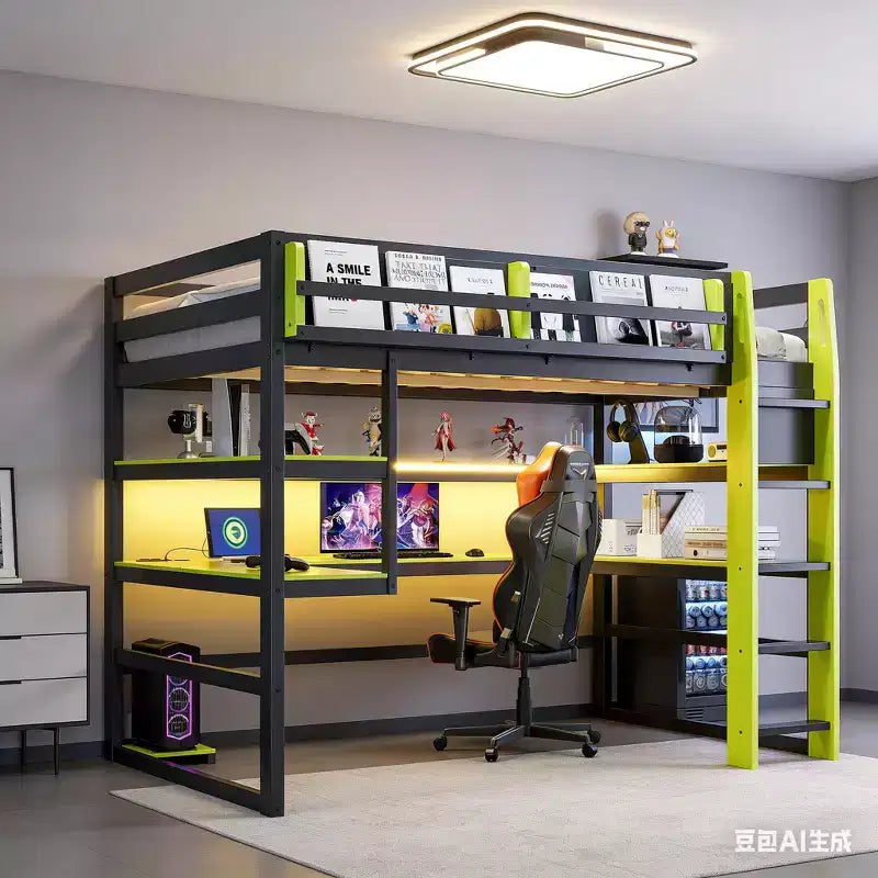 Lit mezzanine de jeu complet moderne avec bureau éclairé, bibliothèque de rangement, étagères et prises de courant