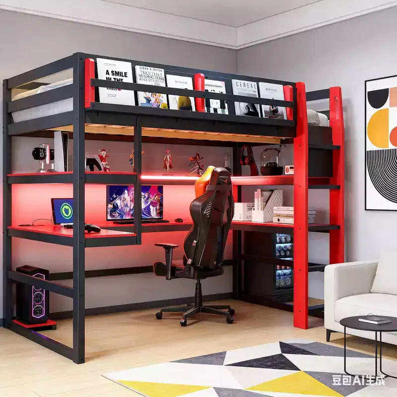 Lit mezzanine de jeu complet moderne avec bureau éclairé, bibliothèque de rangement, étagères et prises de courant