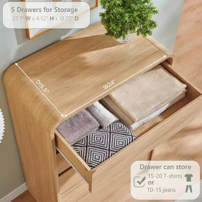 Commode moderne à 5 tiroirs de 114 cm avec profil incurvé, commode en bois de style Mid-Century, texture naturelle pour chambre/salon, chêne naturel