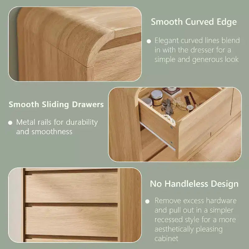 Commode moderne à 5 tiroirs de 114 cm avec profil incurvé, commode en bois de style Mid-Century, texture naturelle pour chambre/salon, chêne naturel