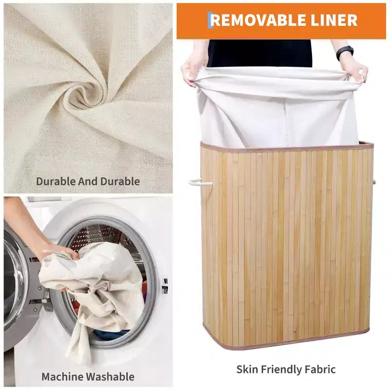 Panier à linge en bambou avec couvercle, 104 litres, pliable, en bois, avec sac de doublure lavable, rangement fin pour petites chambres, appartements, dortoirs