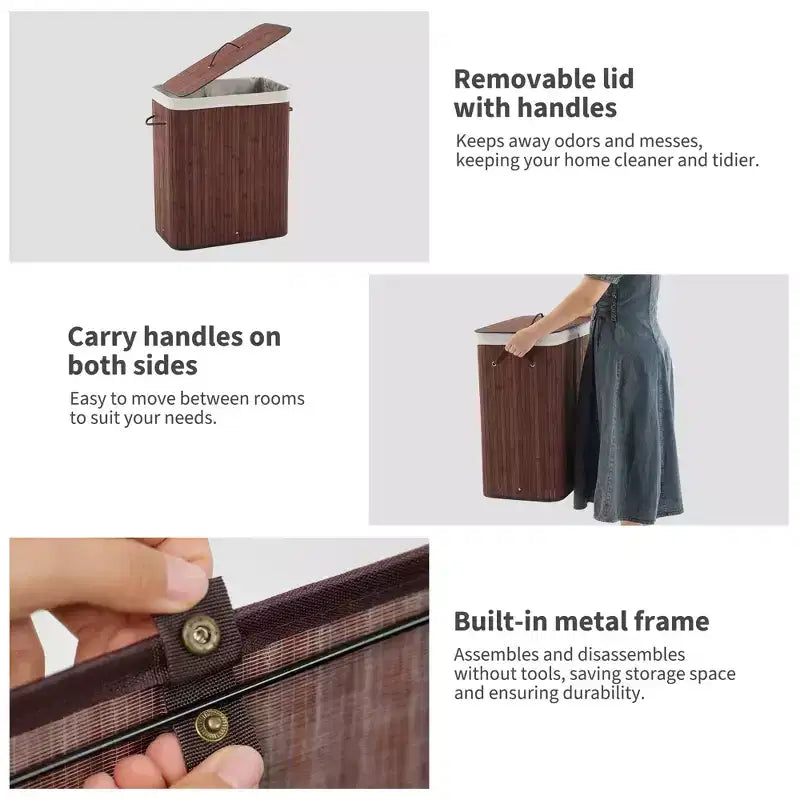 Panier à linge en bambou avec couvercle, 104 litres, pliable, en bois, avec sac de doublure lavable, rangement fin pour petites chambres, appartements, dortoirs