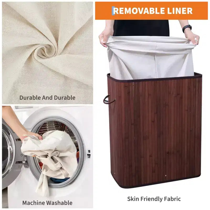 Panier à linge en bambou avec couvercle, 104 litres, pliable, en bois, avec sac de doublure lavable, rangement fin pour petites chambres, appartements, dortoirs