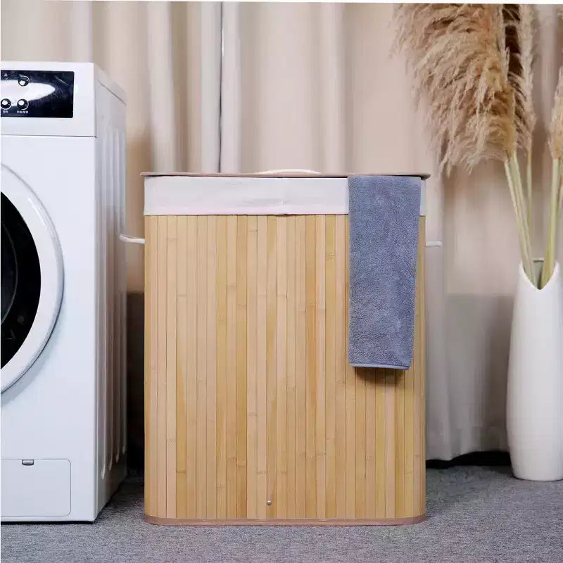 Panier à linge en bambou avec couvercle, 104 litres, pliable, en bois, avec sac de doublure lavable, rangement fin pour petites chambres, appartements, dortoirs