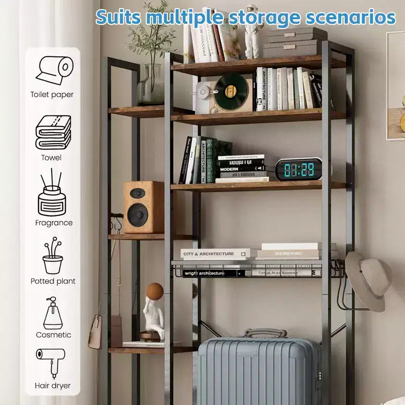 Étagère de rangement 8 niveaux au-dessus des toilettes avec porte-serviettes latéral, étagère de rangement au-dessus des toilettes avec étagère réglable et panier de vidange