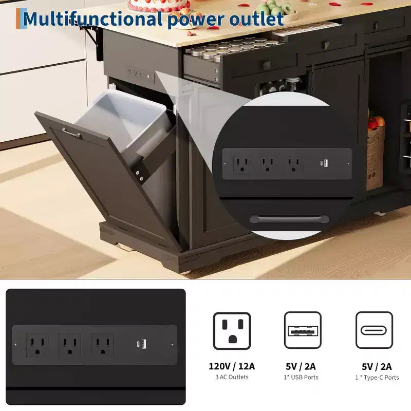 54 îlot de cuisine avec prise de courant, abattant et meuble poubelle, chariot de cuisine roulant avec 2 portes coulissantes de grange, 3 tiroirs, grande table de bar à café