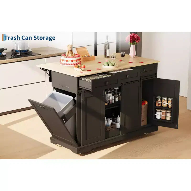 54 îlot de cuisine avec prise de courant, abattant et meuble poubelle, chariot de cuisine roulant avec 2 portes coulissantes de grange, 3 tiroirs, grande table de bar à café
