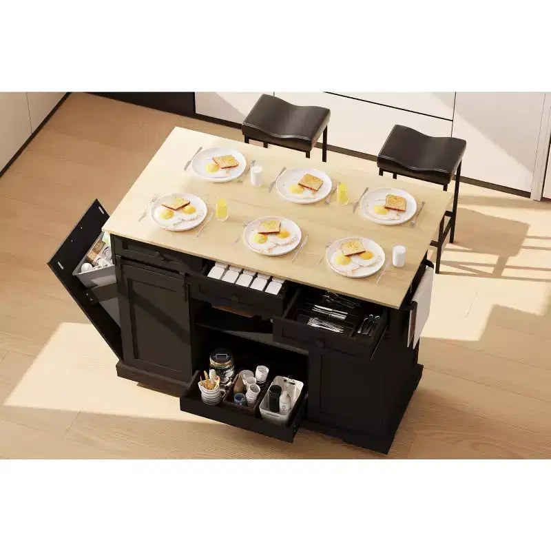 54 îlot de cuisine avec prise de courant, abattant et meuble poubelle, chariot de cuisine roulant avec 2 portes coulissantes de grange, 3 tiroirs, grande table de bar à café