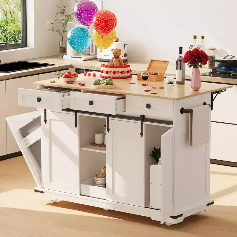54 îlot de cuisine avec prise de courant, abattant et meuble poubelle, chariot de cuisine roulant avec 2 portes coulissantes de grange, 3 tiroirs, grande table de bar à café