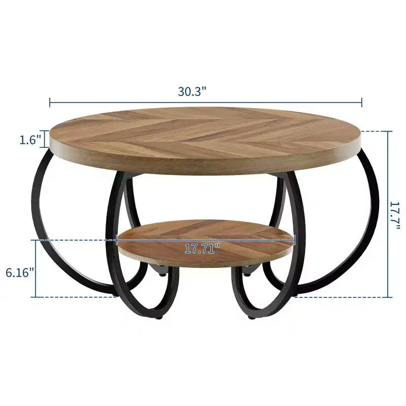 Table basse de ferme ronde avec étagère de rangement, table de salon rustique à 2 niveaux avec pieds métalliques incurvés