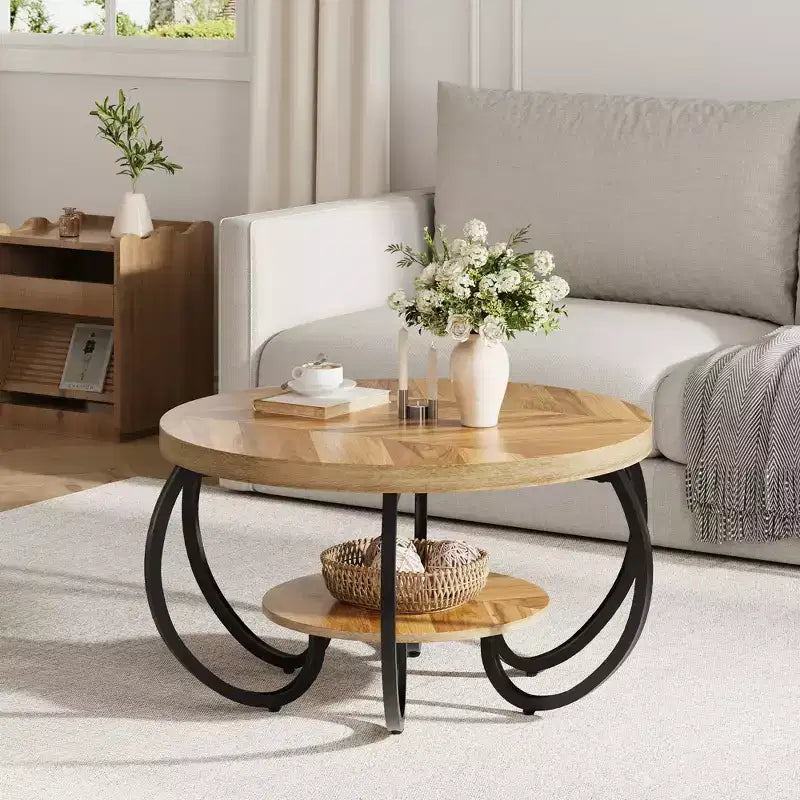 Table basse de ferme ronde avec étagère de rangement, table de salon rustique à 2 niveaux avec pieds métalliques incurvés