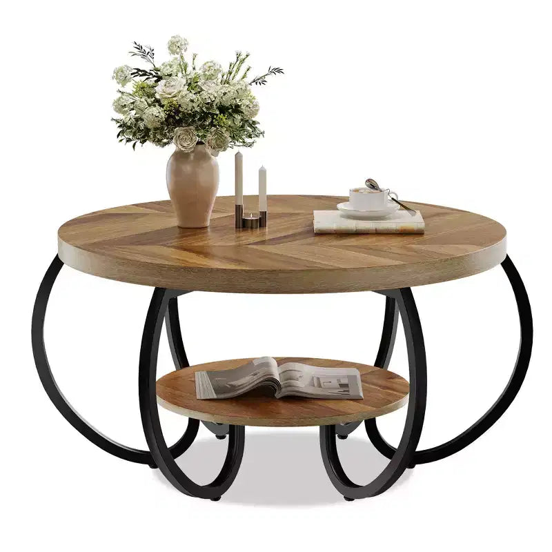 Table basse de ferme ronde avec étagère de rangement, table de salon rustique à 2 niveaux avec pieds métalliques incurvés