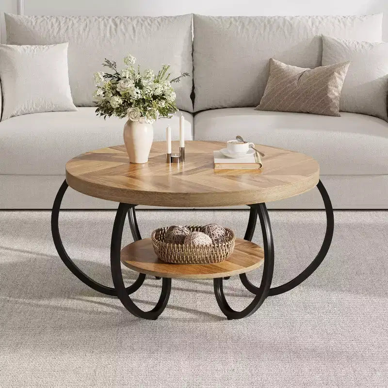 Table basse de ferme ronde avec étagère de rangement, table de salon rustique à 2 niveaux avec pieds métalliques incurvés