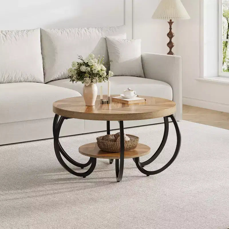Table basse de ferme ronde avec étagère de rangement, table de salon rustique à 2 niveaux avec pieds métalliques incurvés