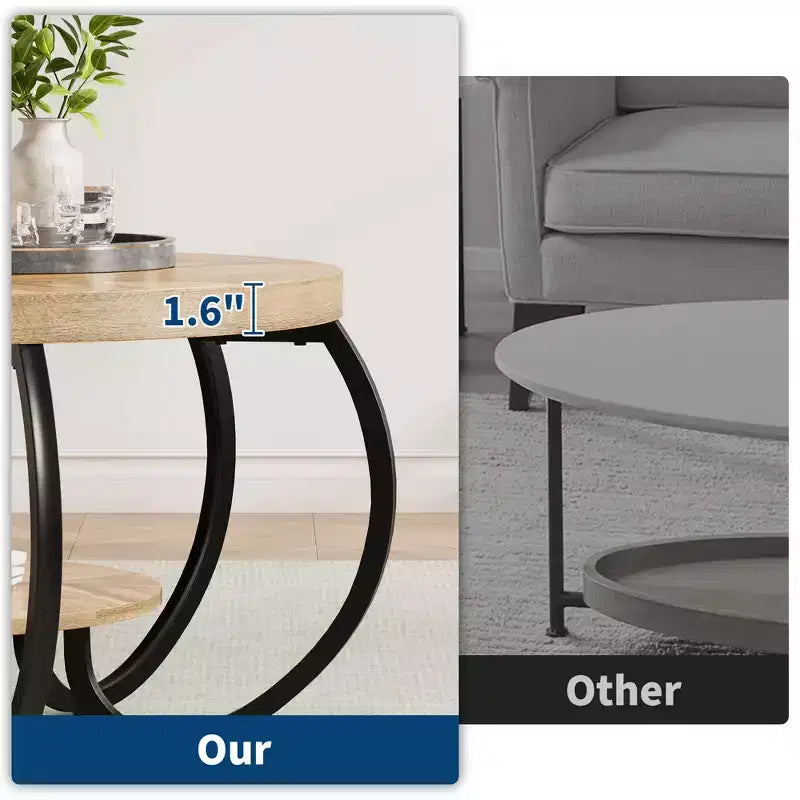 Table basse de ferme ronde avec étagère de rangement, table de salon rustique à 2 niveaux avec pieds métalliques incurvés