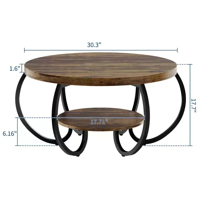 Table basse de ferme ronde avec étagère de rangement, table de salon rustique à 2 niveaux avec pieds métalliques incurvés